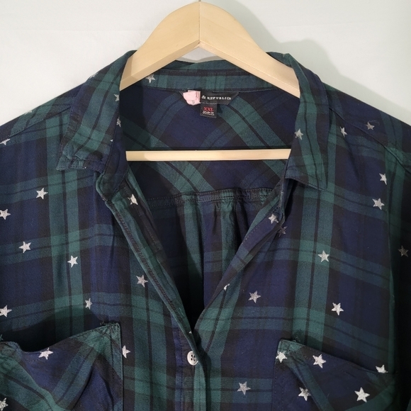 Rock & Republic Green Plaid Button Up Shirt XXL Long Sleeve Sparkle Star Print - Picture 3 of 11